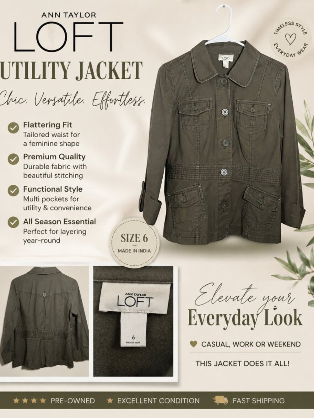 Ann Taylor LOFT Olive Utility Jacket Women's Size 6 Button Front Military Safari - Picture 5 of 5